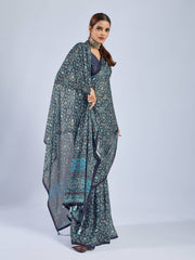 Dark Blue Chiffon Ajrak Print Saree