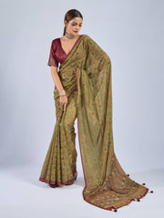 Mustard Chiffon Saree with Maroon Ajrak