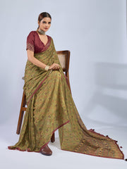 Mustard Chiffon Saree with Maroon Ajrak