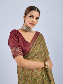 Mustard Chiffon Saree with Maroon Ajrak
