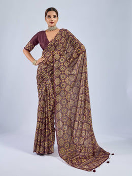 Maroon Chiffon Saree with Yellow Ajrak