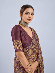 Maroon Chiffon Saree with Yellow Ajrak