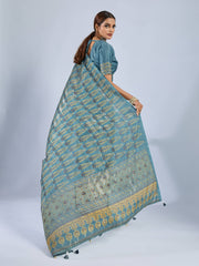 Golden Ajrak Print Light Blue Chiffon Saree