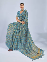 Golden Ajrak Print Light Blue Chiffon Saree