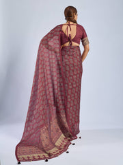 Maroon Chiffon Saree with Grey Ajrak