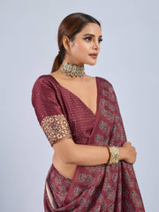 Maroon Chiffon Saree with Grey Ajrak