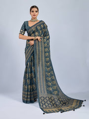 Dark Green Chiffon Saree with Yellow Ajrak