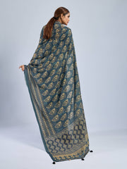 Dark Green Chiffon Saree with Yellow Ajrak