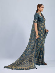 Dark Green Chiffon Saree with Yellow Ajrak