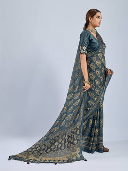 Dark Green Chiffon Saree with Yellow Ajrak