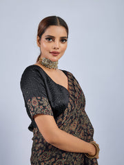 Black Chiffon Saree with Yellow Ajrak Print