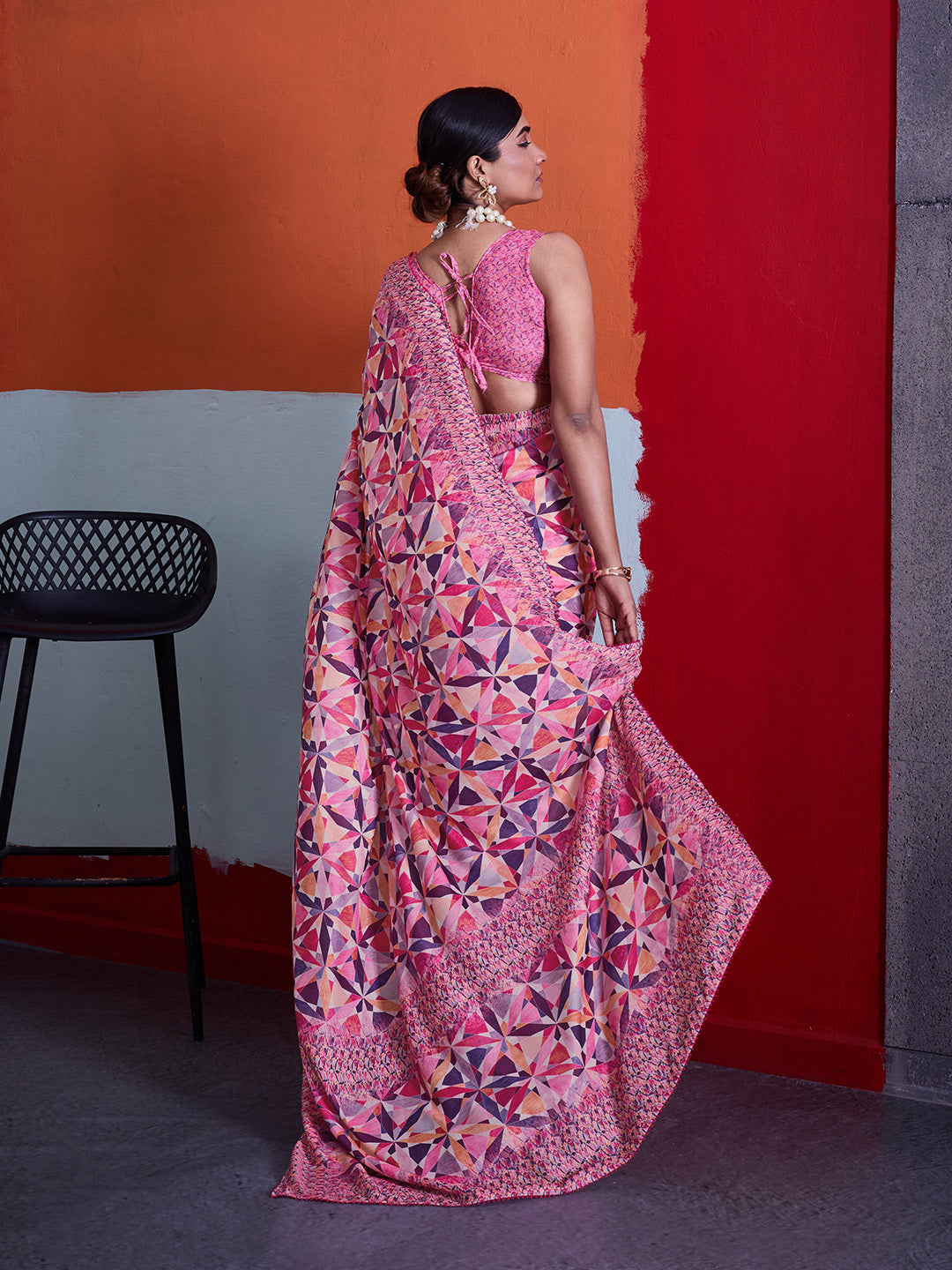 Pink Cotton Crepe Geometrical Printed Saree sedora couture