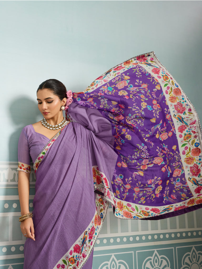 Purple Sparkle Georgette Printed Saree with Beaded Border
