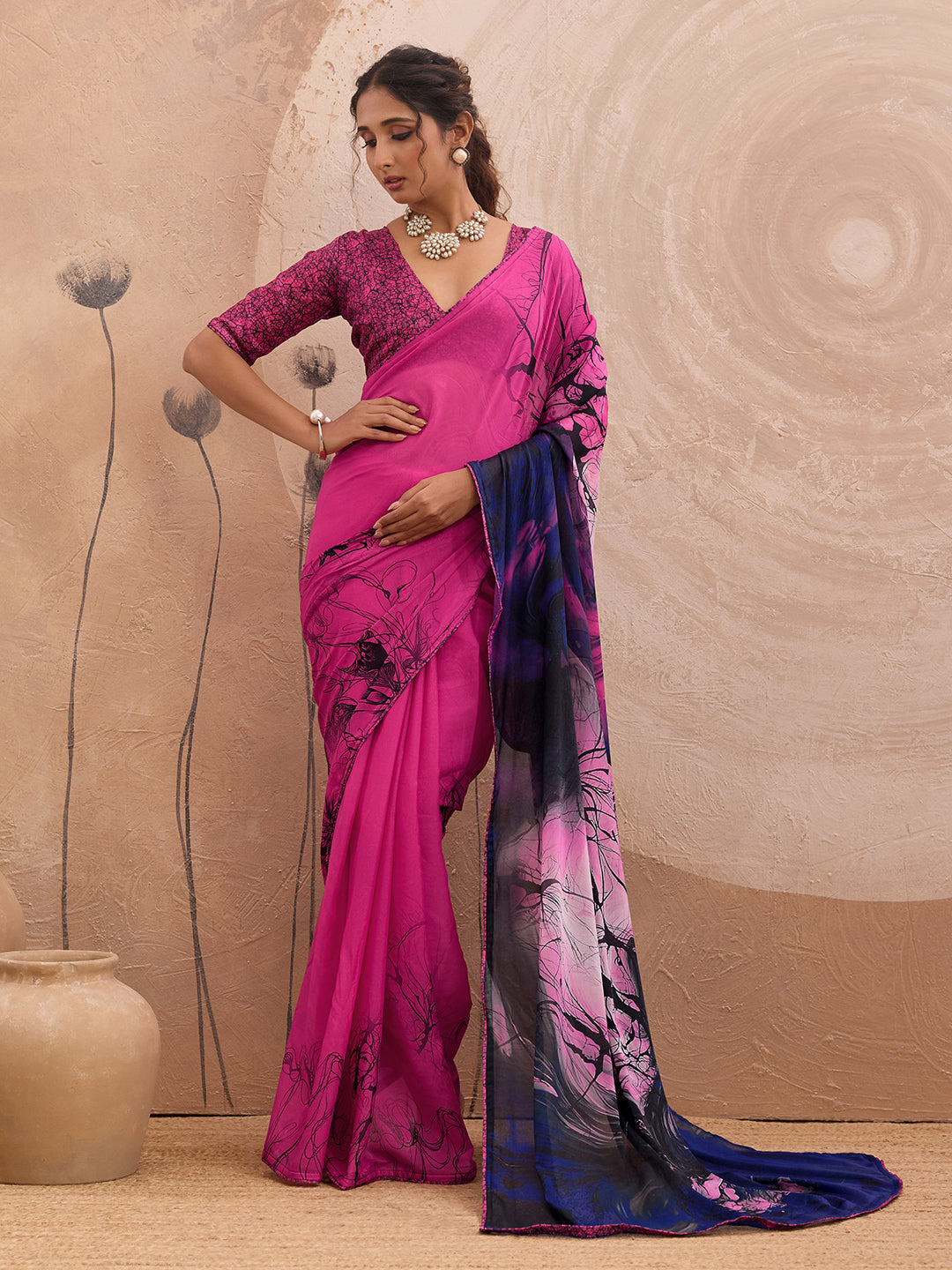 Pink Georgette Floral Printed Saree