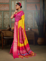 Yellow & Pink Bandhani Jacquard Saree with Zari Border