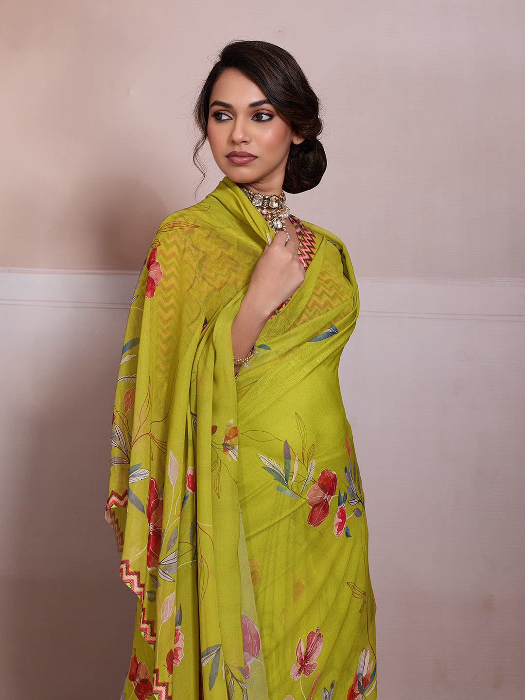 Lemon Green Georgette Floral Printed Saree