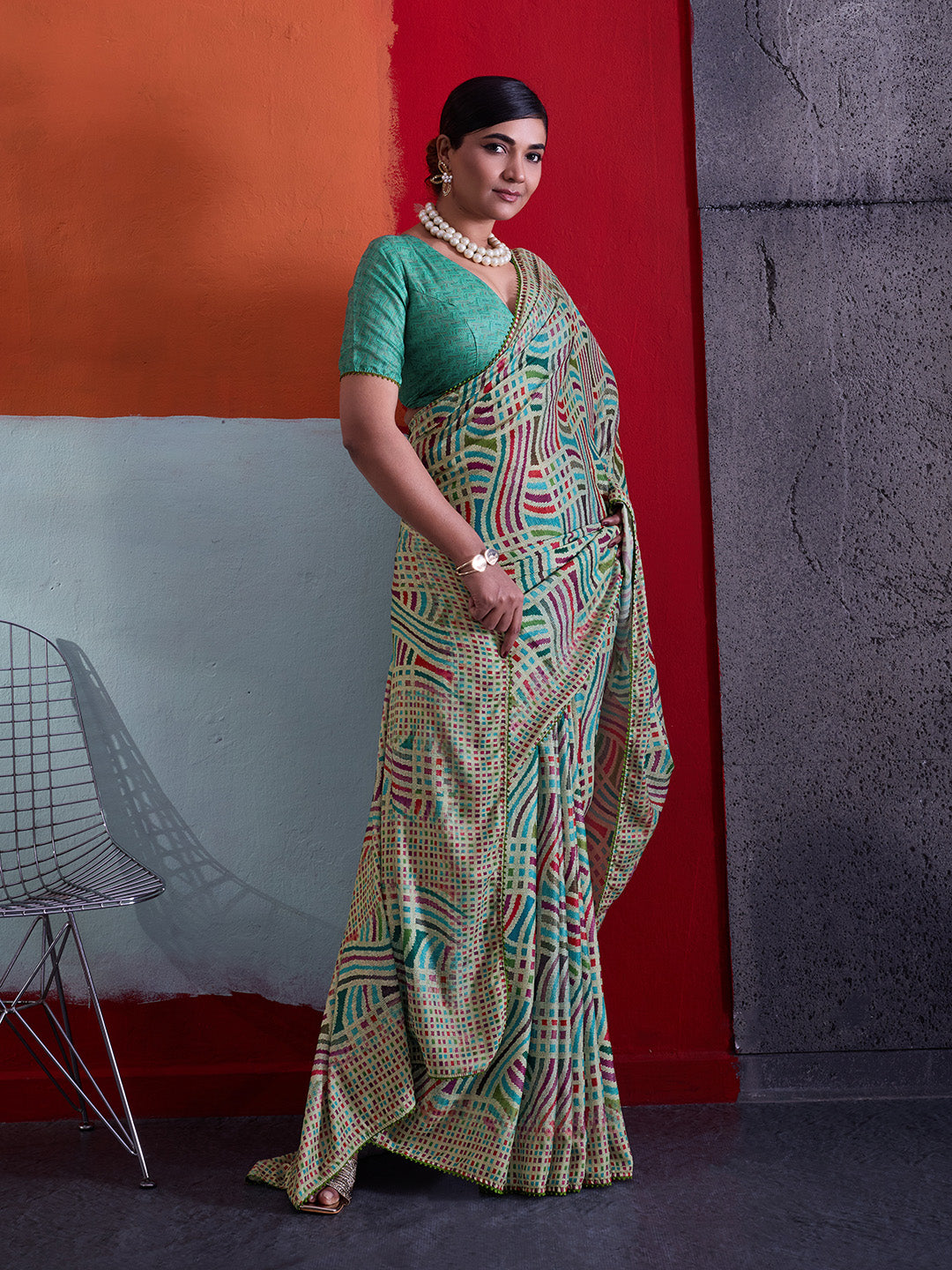 Teal Green Cotton Crepe Geometrical Printed Saree
