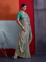 Teal Green Cotton Crepe Geometrical Printed Saree sedora couture