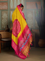 Yellow & Pink Bandhani Jacquard Saree with Zari Border