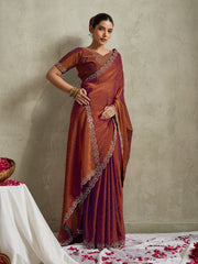 Rust Brown NC Moss Saree with Embroidered Border