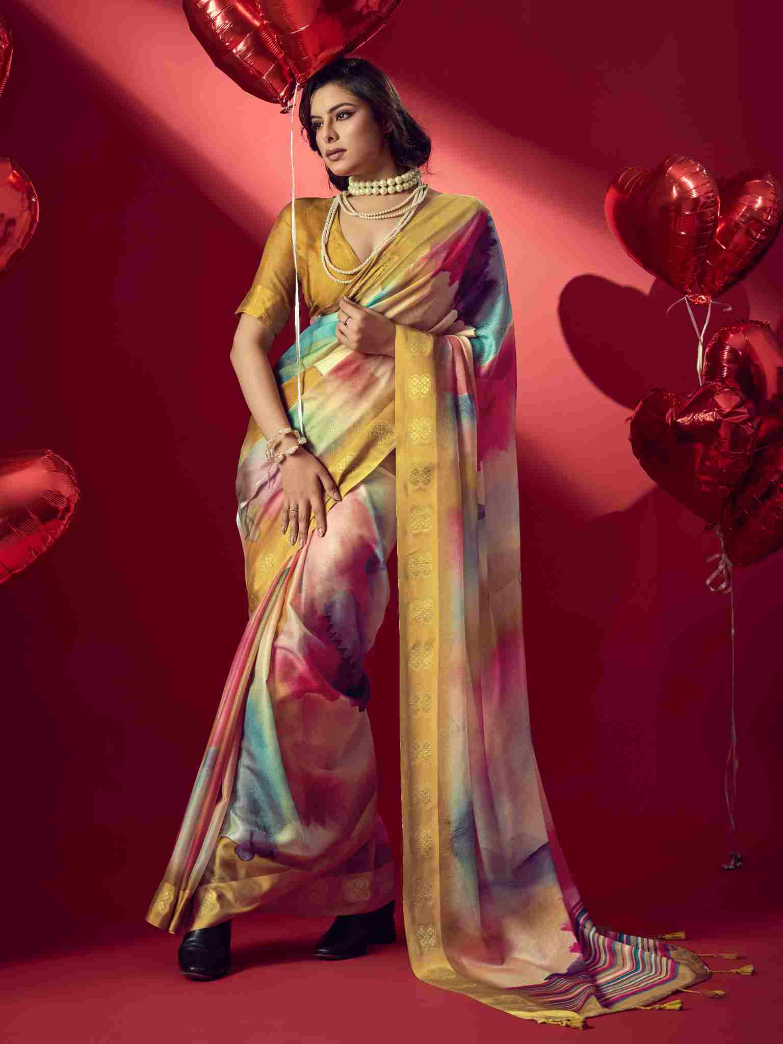 Mustard Jacquard Printed Saree with Unstitched Blouse
