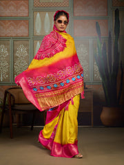 Yellow & Pink Bandhani Jacquard Saree with Zari Border