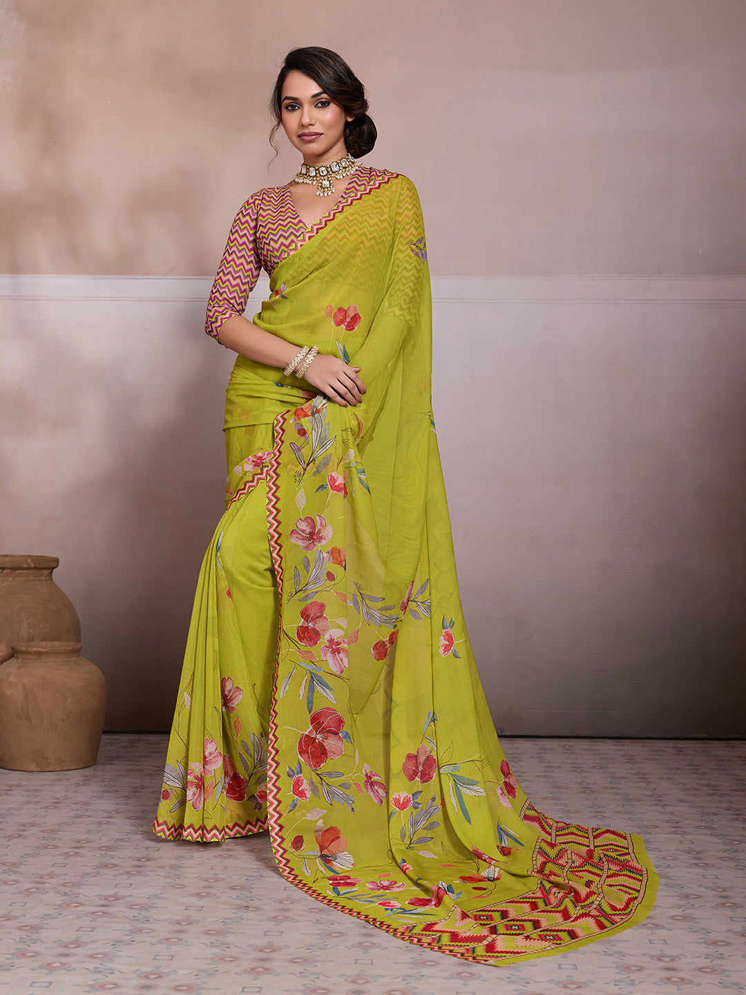 Lemon Green Georgette Floral Printed Saree