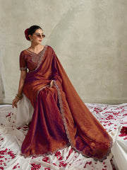 Rust Brown NC Moss Saree with Embroidered Border