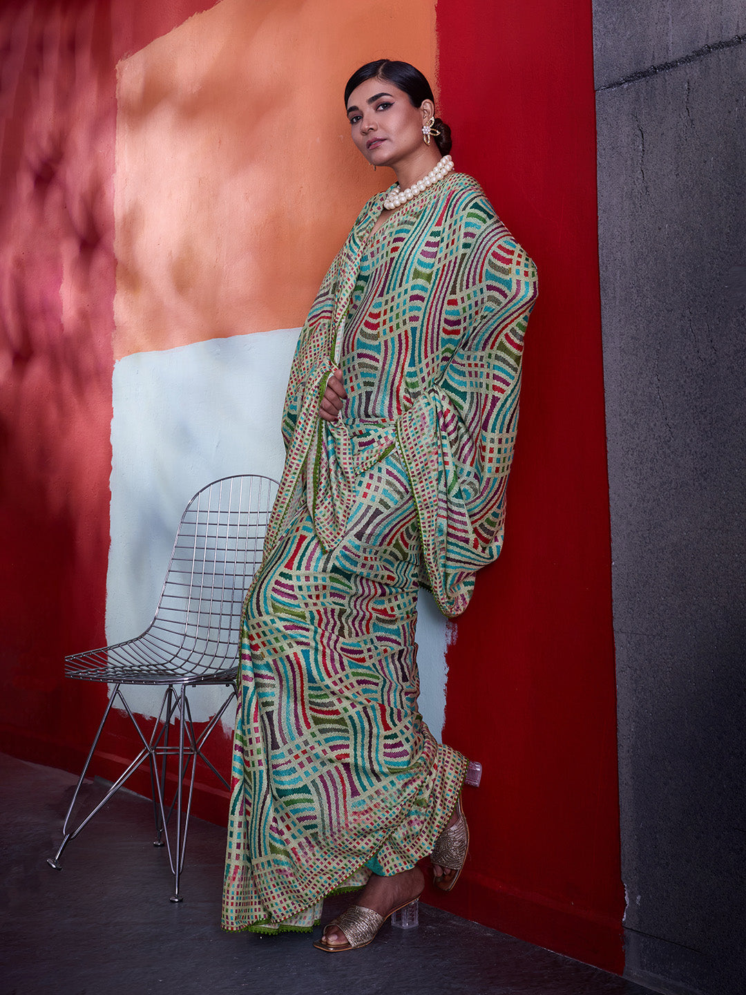 Teal Green Cotton Crepe Geometrical Printed Saree