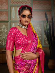Yellow & Pink Bandhani Jacquard Saree with Zari Border