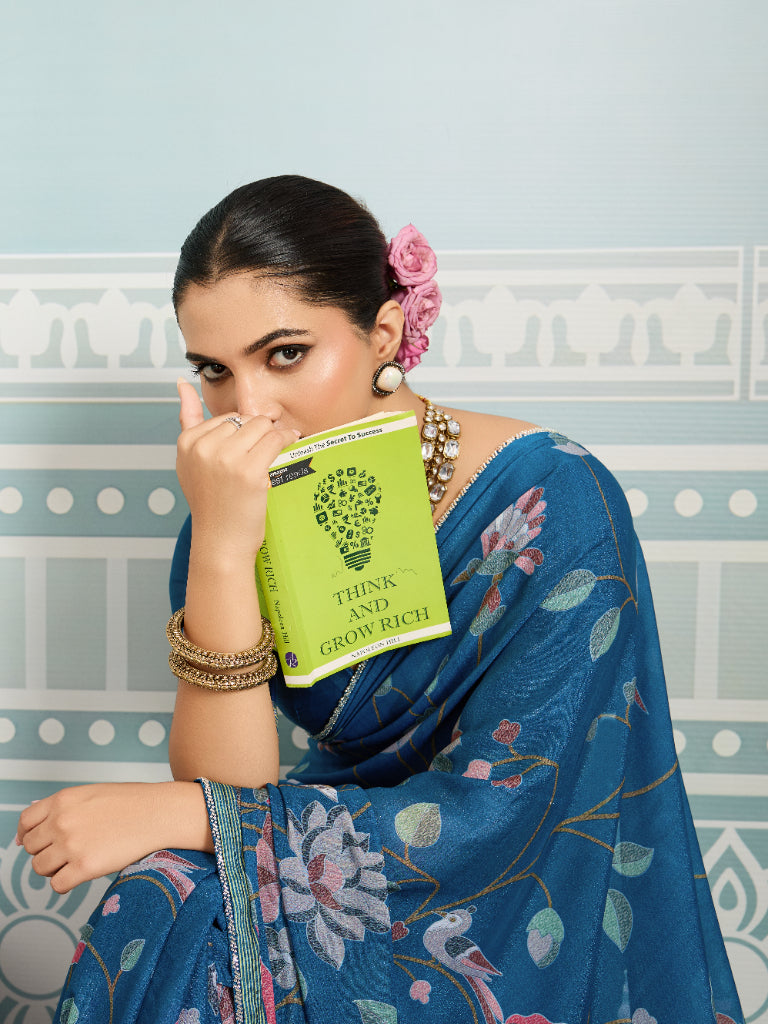 Blue Sparkle Georgette Printed Saree with Beaded Border