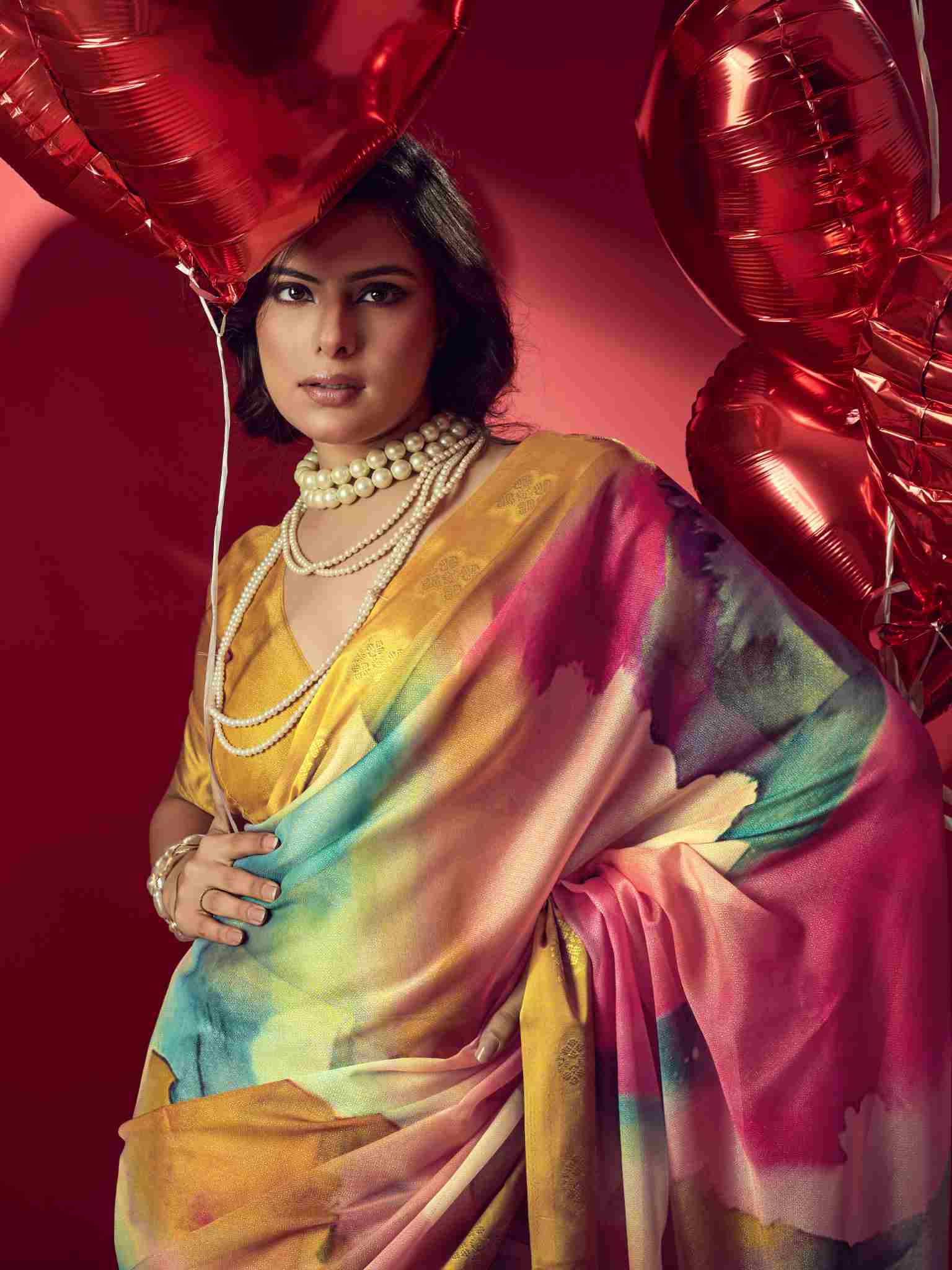 Mustard Jacquard Printed Saree with Unstitched Blouse