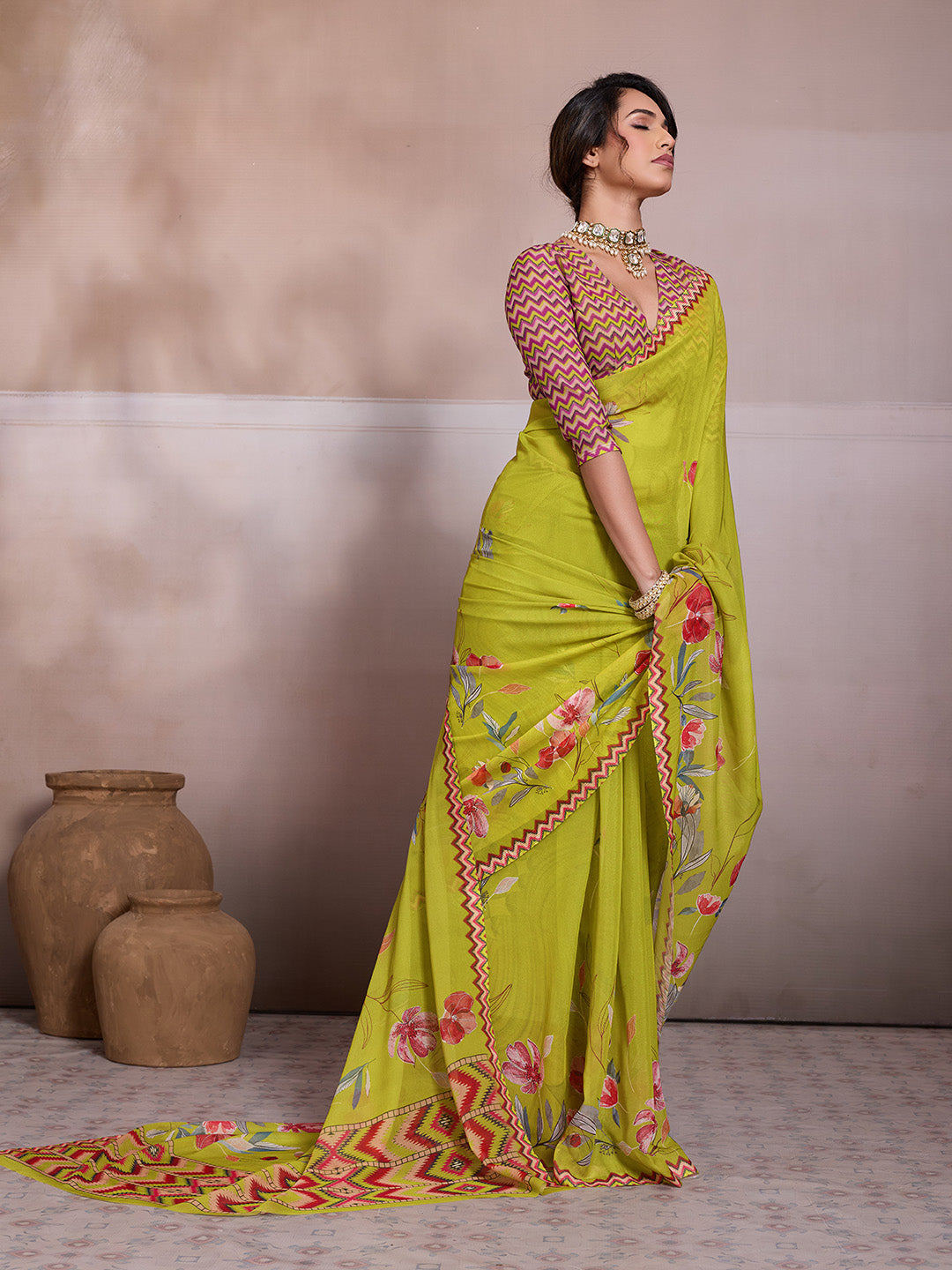 Lemon Green Georgette Floral Printed Saree