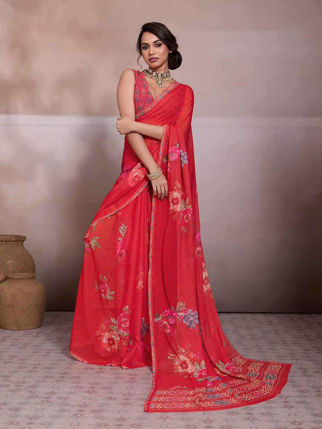 Red Georgette Floral Printed Saree