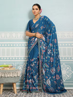 Blue Sparkle Georgette Printed Saree with Beaded Border sedora couture
