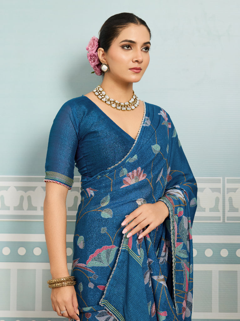 Blue Sparkle Georgette Printed Saree with Beaded Border