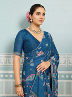 Blue Sparkle Georgette Printed Saree with Beaded Border sedora couture