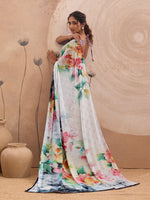 White Georgette Floral Printed Saree sedora couture