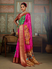 Pink & Green Bandhani Jacquard Saree with Copper Zari Border