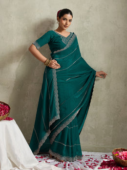 Teal Green NC Moss Saree with Embroidered Border