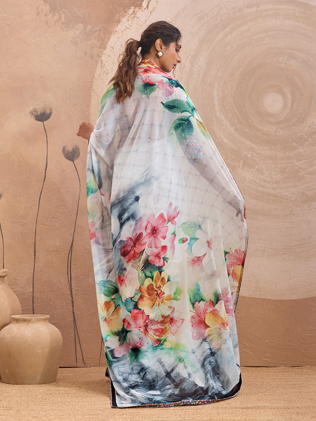 White Georgette Floral Printed Saree sedora couture