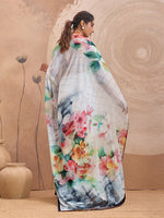 White Georgette Floral Printed Saree sedora couture
