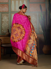 Pink & Green Bandhani Jacquard Saree with Copper Zari Border