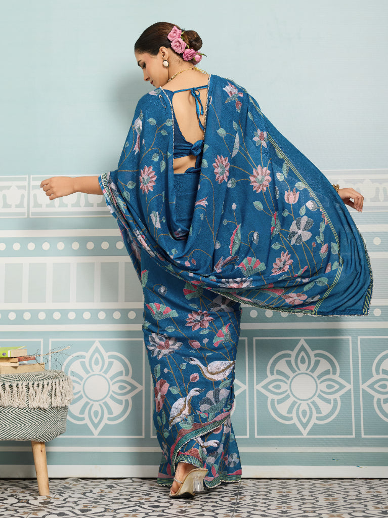 Blue Sparkle Georgette Printed Saree with Beaded Border