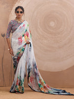 White Georgette Floral Printed Saree sedora couture