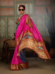 Pink & Green Bandhani Jacquard Saree with Copper Zari Border