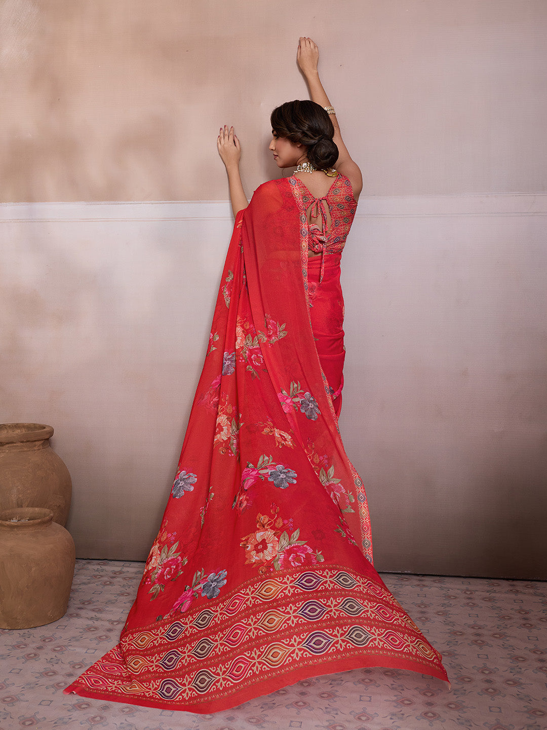 Red Georgette Floral Printed Saree sedora couture