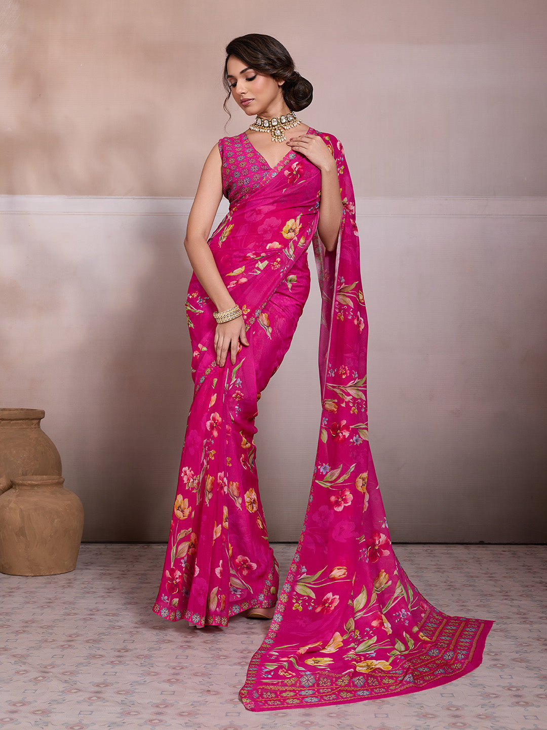 Pink Georgette Floral Printed Saree sedora couture