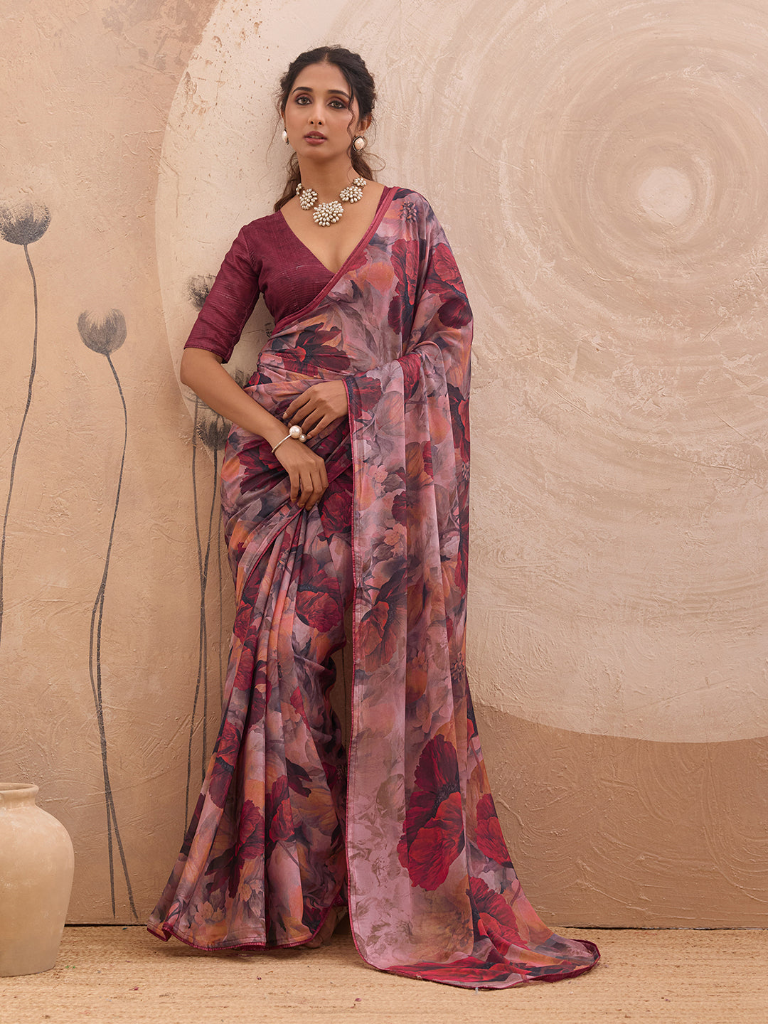 Pink Georgette Floral Printed Saree