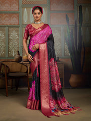 Black Bandhani Jacquard Saree with Magenta Motifs and Zari Border